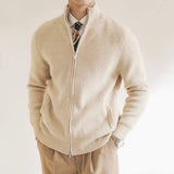 Jan | Herren Frühling Strickpullover mit durchgehendem Reißverschluss und Rippstruktur – Beige