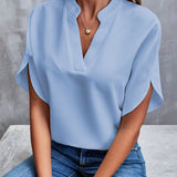 Kurzarm Bluse Damen | Elegant mit V-Ausschnitt & Fledermausärmel – Blau