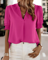 Kurzärmelige Bluse Damen | V-Ausschnitt & Smock-Ärmel für Komfort – Rosa