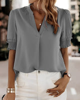 Kurzärmelige Bluse Damen | V-Ausschnitt & Smock-Ärmel für Komfort – Grau
