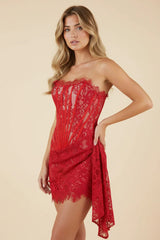 Kurzes Korsett-Spitzenkleid Damen | Elegantes Abendkleid – Rot