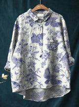 Elena | Damenbluse leicht aus Baumwolle und Leinen mit Print – Hellblau