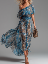 Langes Leopardenmuster Damenkleid: Verführerischer Look für Feste – Weiß