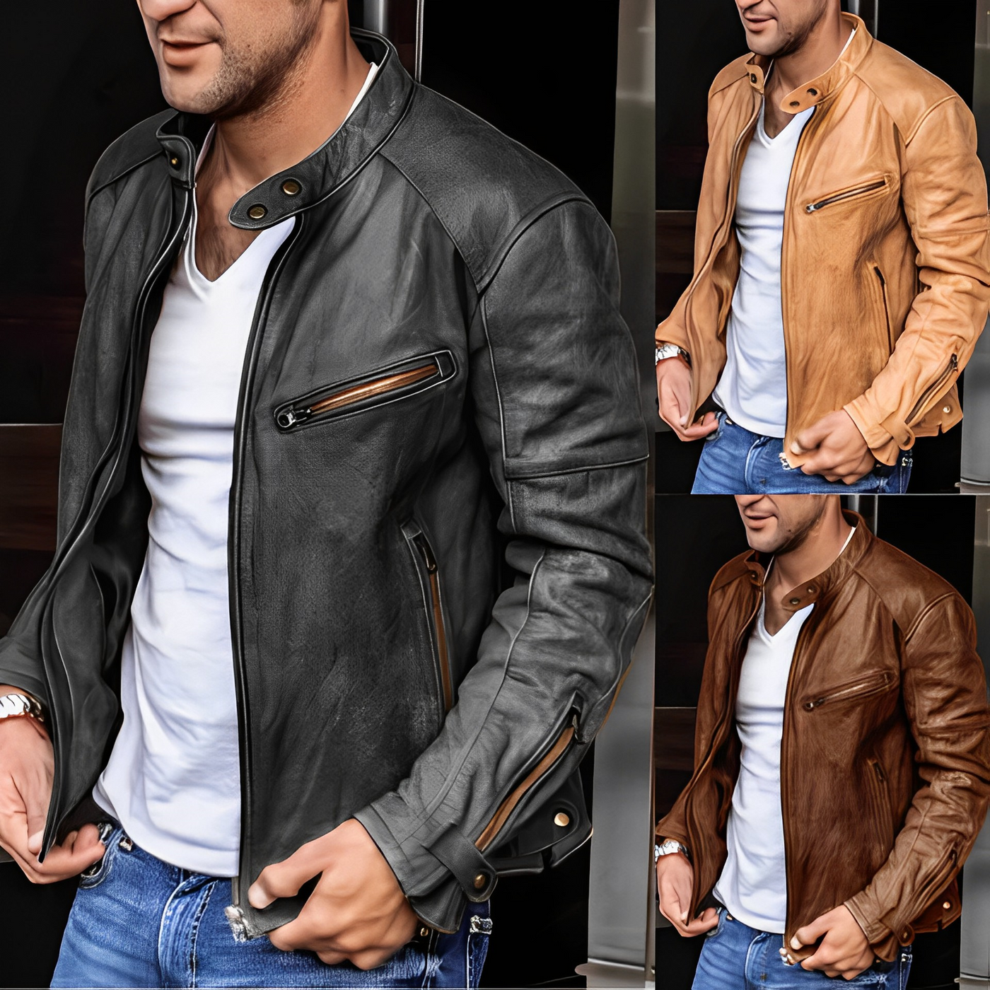 Lederjacke – Reißverschluss – Kunstleder – Bikerjacke – Herrenlederjacke