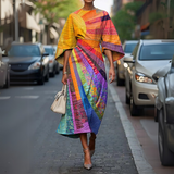 Sommerkleid Damen | Buntes Patchwork-Design & Ausgestellte Ärmel – Aprikos