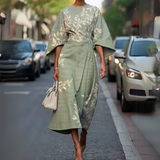 Sommerkleid Damen | Buntes Patchwork-Design & Ausgestellte Ärmel – Grün