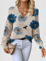 Katrin | Eleganter Blumen-Strickpullover Mit V-Ausschnitt – Blau