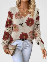 Katrin | Eleganter Blumen-Strickpullover Mit V-Ausschnitt – Rot