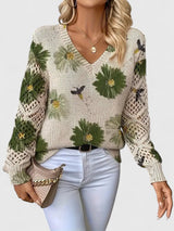 Katrin | Eleganter Blumen-Strickpullover Mit V-Ausschnitt – Grün