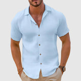 Herren Leinen Kurzarm Button-Up Hemd – Freizeit Sommerhemd – Blau