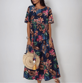 Sommerkleid Damen | Tropisches Blumenmuster & Fließender Stufenrock – Blau