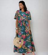 Sommerkleid Damen | Tropisches Blumenmuster & Fließender Stufenrock – Grün