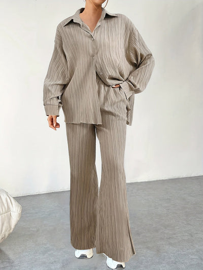 Elegantes Damen-Outfit Set: Langarm-Bluse mit Knopfleiste und elastische Taillenhose für Herbst/Winter