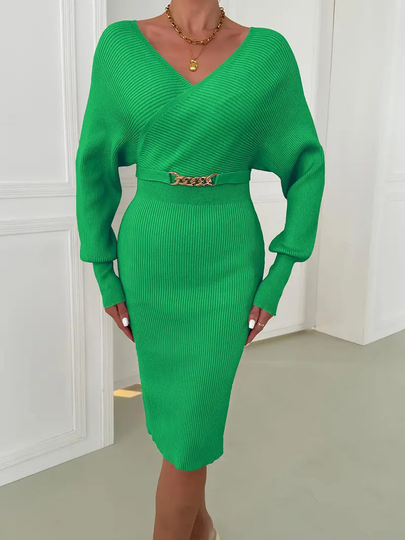 Damen Midikleid mit V-Ausschnitt und langen Ärmeln für Herbst und Winter