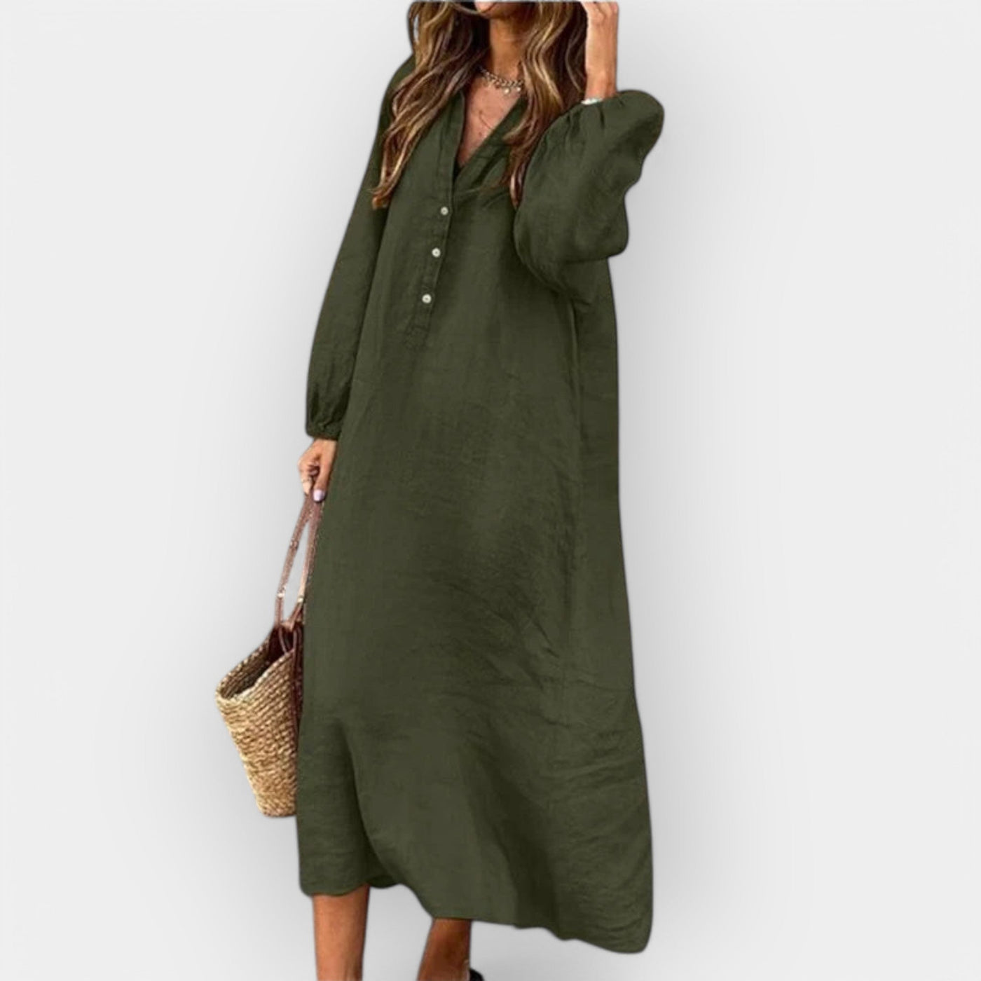 Bequemes V-Ausschnitt Damen Leinenkleid