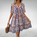 Felicia | Damen Sommer Boho Paisley Mini Kleid – Blau
