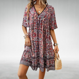 Felicia | Damen Sommer Boho Paisley Mini Kleid – Rot