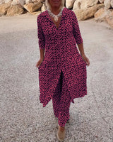 Damen Gemustertes Button-Up Hemdkleid Und Passende Hose Set – Schickes Zweiteiler Outfit – Fuchsia