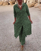 Damen Gemustertes Button-Up Hemdkleid Und Passende Hose Set – Schickes Zweiteiler Outfit – Grün