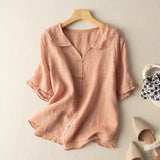 Locker sitzende Vintage-Bluse für Damen mit Knopfverzierung – Pfirsich