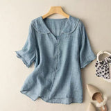 Locker sitzende Vintage-Bluse für Damen mit Knopfverzierung – Blau
