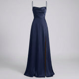Maxi Kleid Damen | Elegantes Abendkleid lang mit Beinschlitz – Dunkelblau