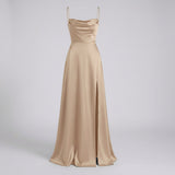 Maxi Kleid Damen | Elegantes Abendkleid lang mit Beinschlitz – Braun