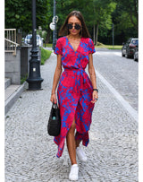 Maxikleid Damen | Blumendruck & Wickeloptik mit Bindegürtel – Rot