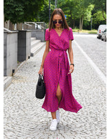Maxikleid Damen | Blumendruck & Wickeloptik mit Bindegürtel – Lila
