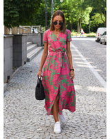 Maxikleid Damen | Blumendruck & Wickeloptik mit Bindegürtel – Rosa