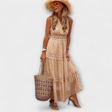 Maxikleid Damen | Boho Spitzenbesatz & Ärmellos mit V-Ausschnitt – Khaki