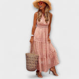 Maxikleid Damen | Boho Spitzenbesatz & Ärmellos mit V-Ausschnitt – Rosa