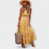 Maxikleid Damen | Boho Spitzenbesatz & Ärmellos mit V-Ausschnitt – Gelb