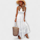 Maxikleid Damen | Boho Spitzenbesatz & Ärmellos mit V-Ausschnitt – Weiß