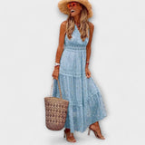 Maxikleid Damen | Boho Spitzenbesatz & Ärmellos mit V-Ausschnitt – Blau