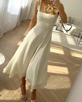 Maxikleid Damen | Eckiger Ausschnitt & fließender Rock – Beige