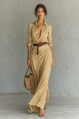 Maxikleid Damen | Elegantes Hemdblusen-Design & Fließende Maxi-Silhouette – Khaki