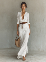 Maxikleid Damen | Elegantes Hemdblusen-Design & Fließende Maxi-Silhouette – Weiß
