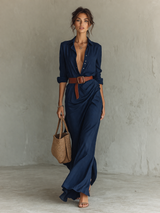 Maxikleid Damen | Elegantes Hemdblusen-Design & Fließende Maxi-Silhouette – Marineblau