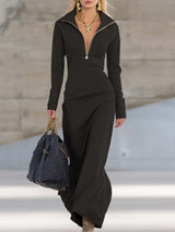Maxikleid Damen | Figurbetonend mit Zip-Kragen & Langarm – Schwarz