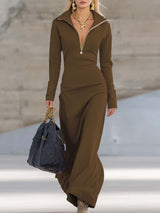 Maxikleid Damen | Figurbetonend mit Zip-Kragen & Langarm – Braun