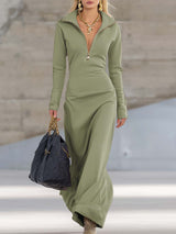 Maxikleid Damen | Figurbetonend mit Zip-Kragen & Langarm – Dunkelgrün
