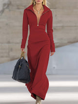 Maxikleid Damen | Figurbetonend mit Zip-Kragen & Langarm – Rot