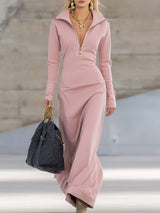 Maxikleid Damen | Figurbetonend mit Zip-Kragen & Langarm – Hellrosa