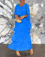 Maxikleid Damen | Fließendes Stufenkleid mit Fledermausärmeln – Blau