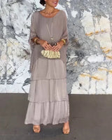 Maxikleid Damen | Fließendes Stufenkleid mit Fledermausärmeln – Grau