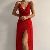 Maxikleid Damen | Tiefer V-Ausschnitt & Seitenschlitz – Rot