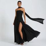 Maxikleid Damen – Trägerloser Schnitt & fließende Silhouette – Schwarz