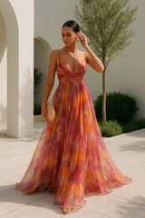 Mehrfarbiges V-Ausschnitt Kleid | Festliches Damenkleid – Orange