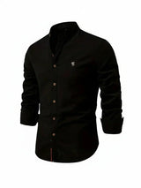 Yannick | Herren Stehkragen Knopfleiste Freizeit Shirt – Schwarz